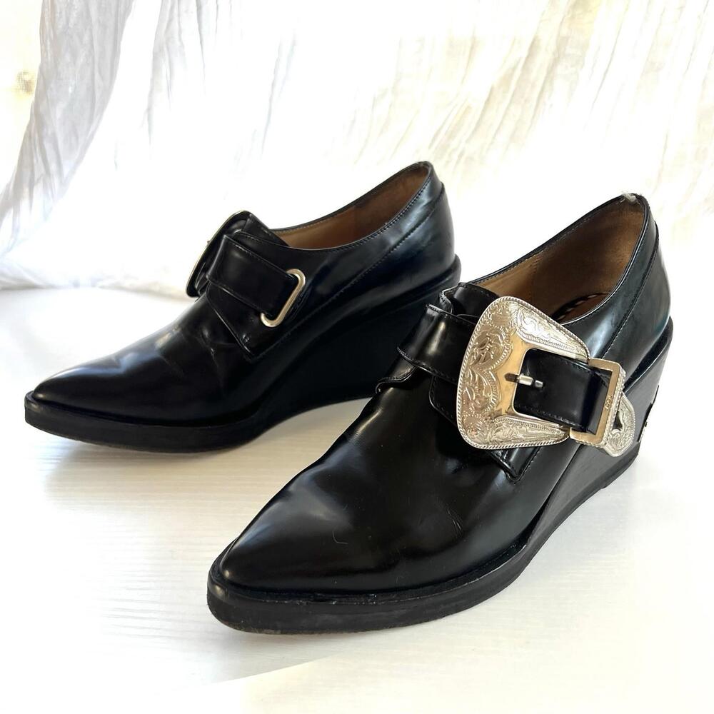 TOGA PULLA Black Leather Western Buckle Wedge Shoes Loafers Pointed Toe Size 37